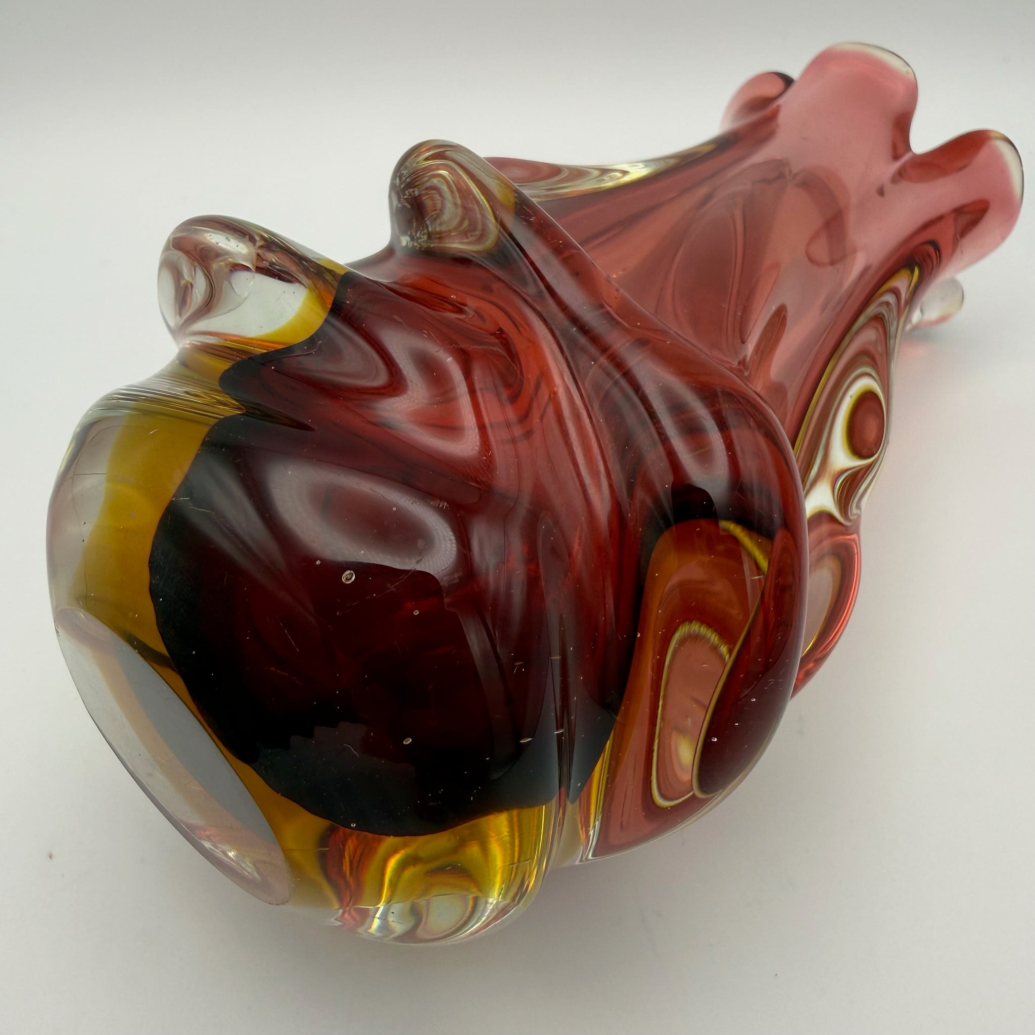 Vintage Murano Stil Glas Vase Rot Gelb Handgeformt Wellenrand Kunstglas 70er Showroom Ansbach