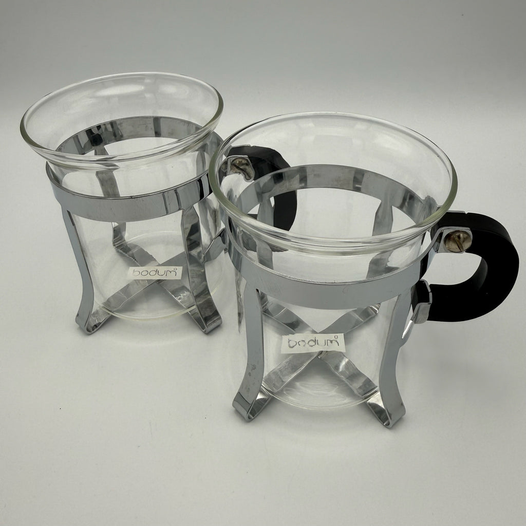 Vintage Bodum Teekanne mit 2 Tassen I Glas & Chrom – Mid Century Design I 3-teiliges Set Bodum