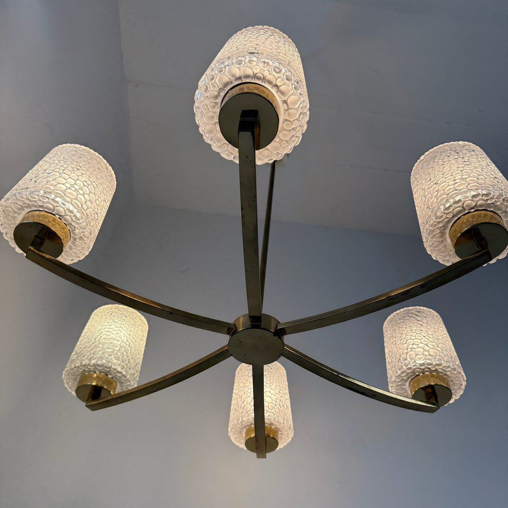 6-flammiger Mid-Century Messing Kronleuchter 1960er I Ikonische Bubble Glas Schirme I Satiniertes Noppenglas Deckenlampe 68 cm Showroom Ansbach