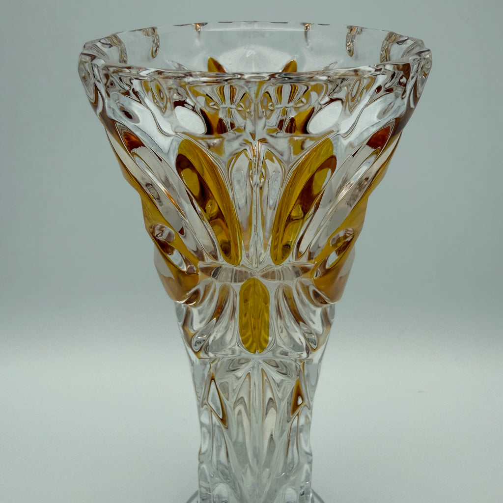 Vintage Kristall Vase Böhmen Bernstein Überfang Keilschliff Blume Medaillon edel Showroom Ansbach