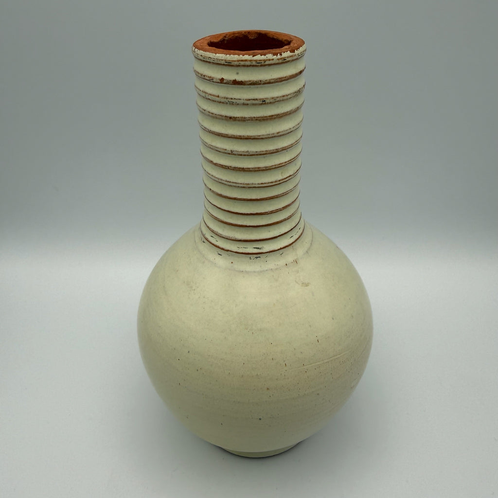 Jürgel Keramik Elstra Studio-Vase I Rillenhals Creme Braun I DDR Kunsthandwerk 1970er I Boho Vintage 19,3 cm Jürgel Keramik