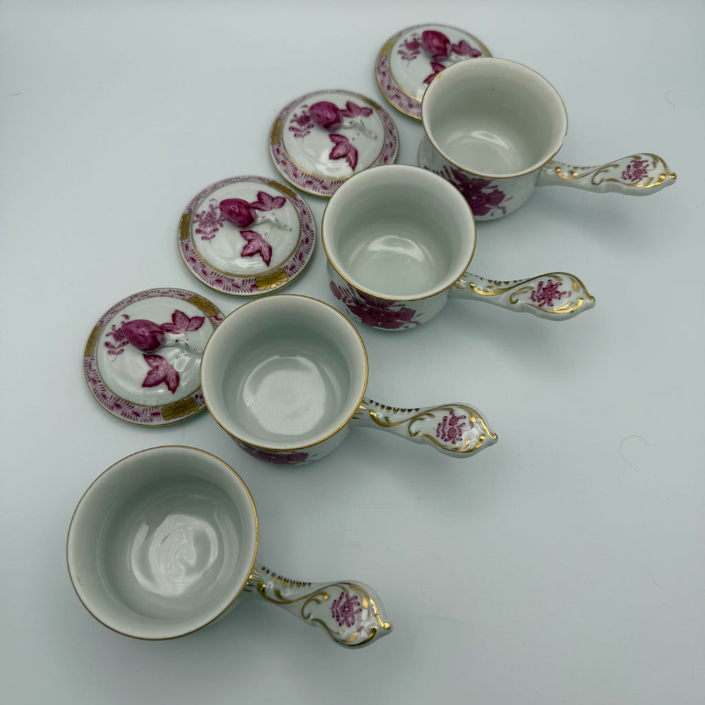 4er Set Herend Schokoladentassen mit Deckel I Apponyi Purpur I Handgemalt Rosenknauf Goldstaffage I Seltene Crème-Töpfen Herend