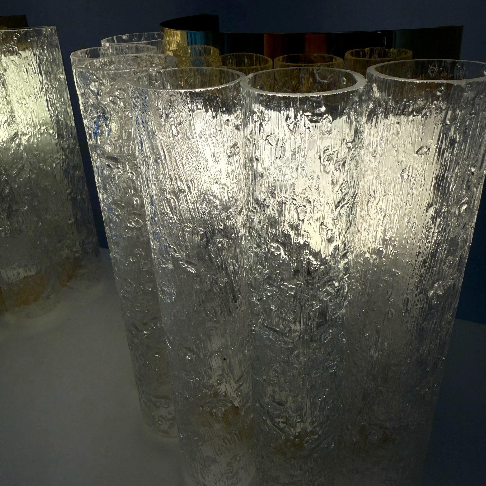 3tlg. Doria Leuchten Eisglas Ensemble I Große Deckenlampe & 2 Wandlampen 1960er I Mid-Century Space Age Set I Original Etiketten Doria Leuchten