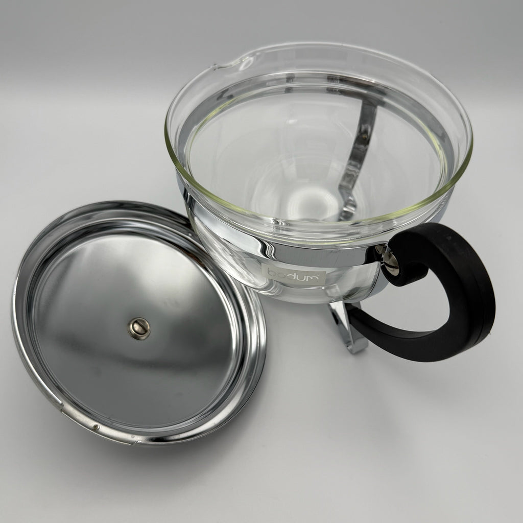 Vintage Bodum Teekanne mit 2 Tassen I Glas & Chrom – Mid Century Design I 3-teiliges Set Bodum