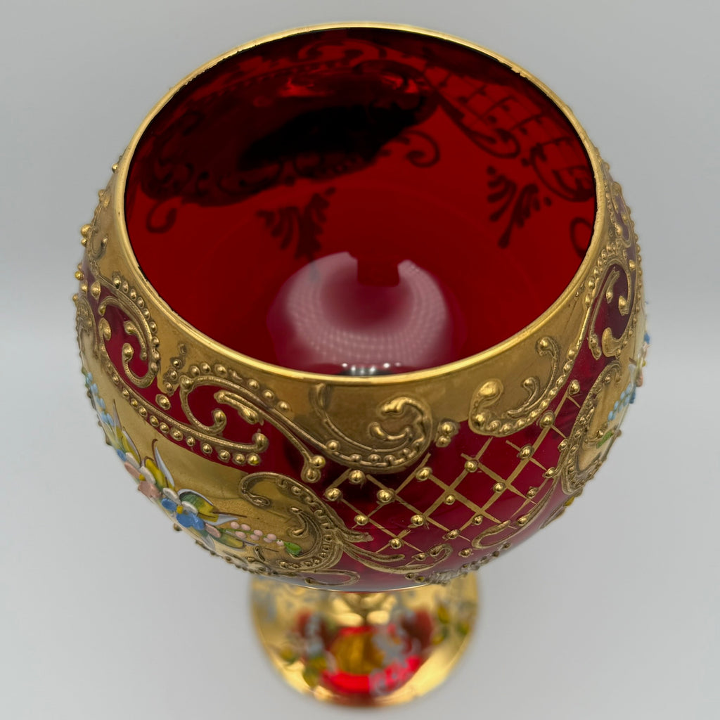 Großer Böhmischer Prunkpokal 23cm Rubinrot Goldstaffage Emaille Römer Showroom Ansbach