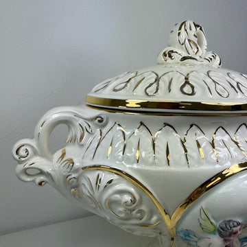 Prunkschale mit Deckel Keramus R. Capodimonte I Große Porzellan Terrine Handbemalt Gold I Italien um 1960 Keramos