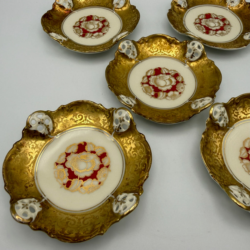 5er Set antike Rosenthal Kronach Tellerchen I Dekor Rosemarie I Konfektteller Goldrand 1920er Vintage Rosenthal