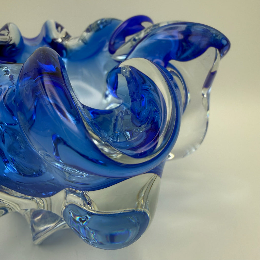 Vintage Murano Stil Glas Schale Blau Blütenform Sommerso Kunstglas 60er 70er Showroom Ansbach