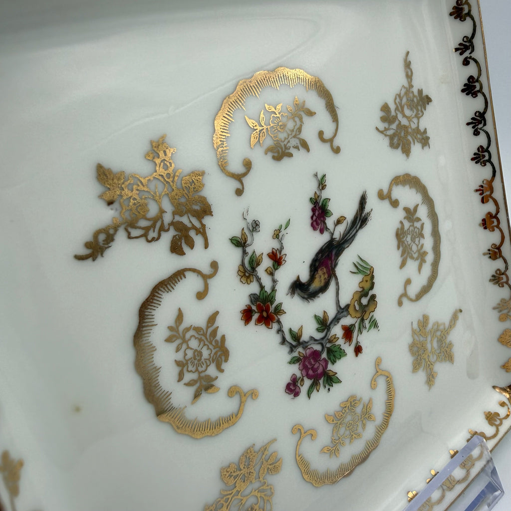 Antiker Limoges Teller I Quadratisch I Vögel Handbemalt I Chavagnac I Um 1900 Limoges