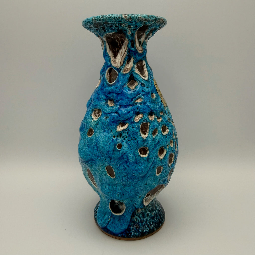 Brutalistische Fat Lava Keramik Vase von Charles Cart I Vallauris Frankreich 1960er I Blau Türkis Volkanique I Mit Original Etikett 18,8 cm Charles Cart