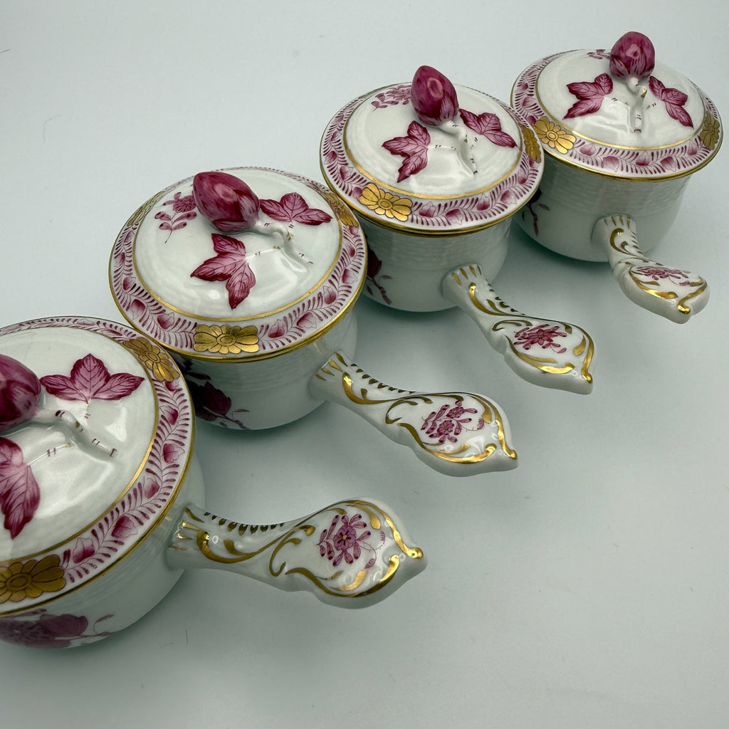 4er Set Herend Schokoladentassen mit Deckel I Apponyi Purpur I Handgemalt Rosenknauf Goldstaffage I Seltene Crème-Töpfen Herend