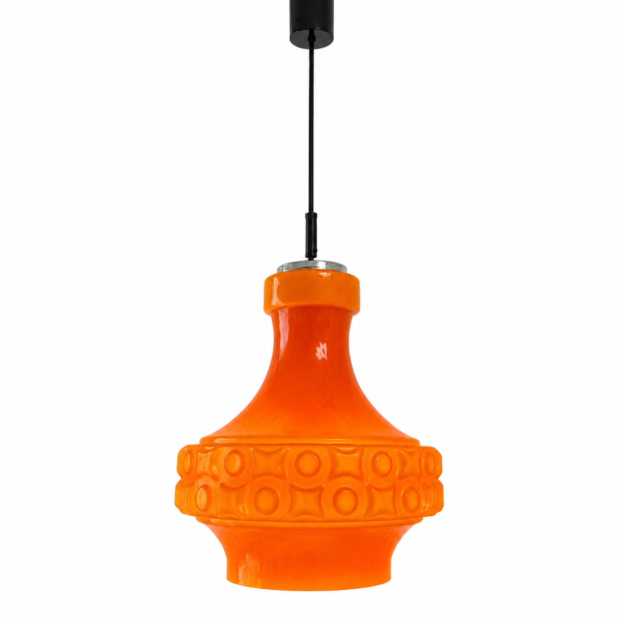 Space Age Pendelleuchte I Orange Tulpenform Überfangglas 1970er I Monumentale Hängeleuchte Pop-Art Vintage Design Showroom Ansbach