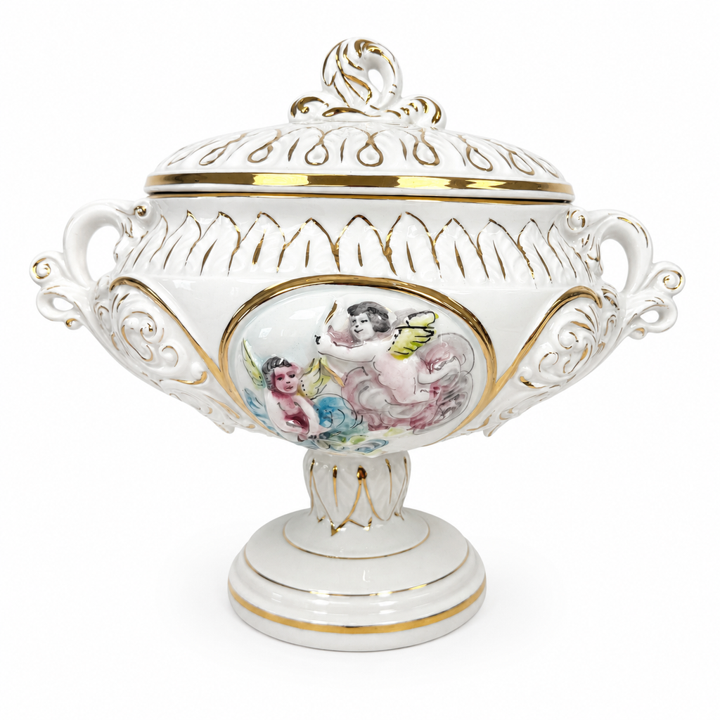 Prunkschale mit Deckel Keramus R. Capodimonte I Große Porzellan Terrine Handbemalt Gold I Italien um 1960 Keramos