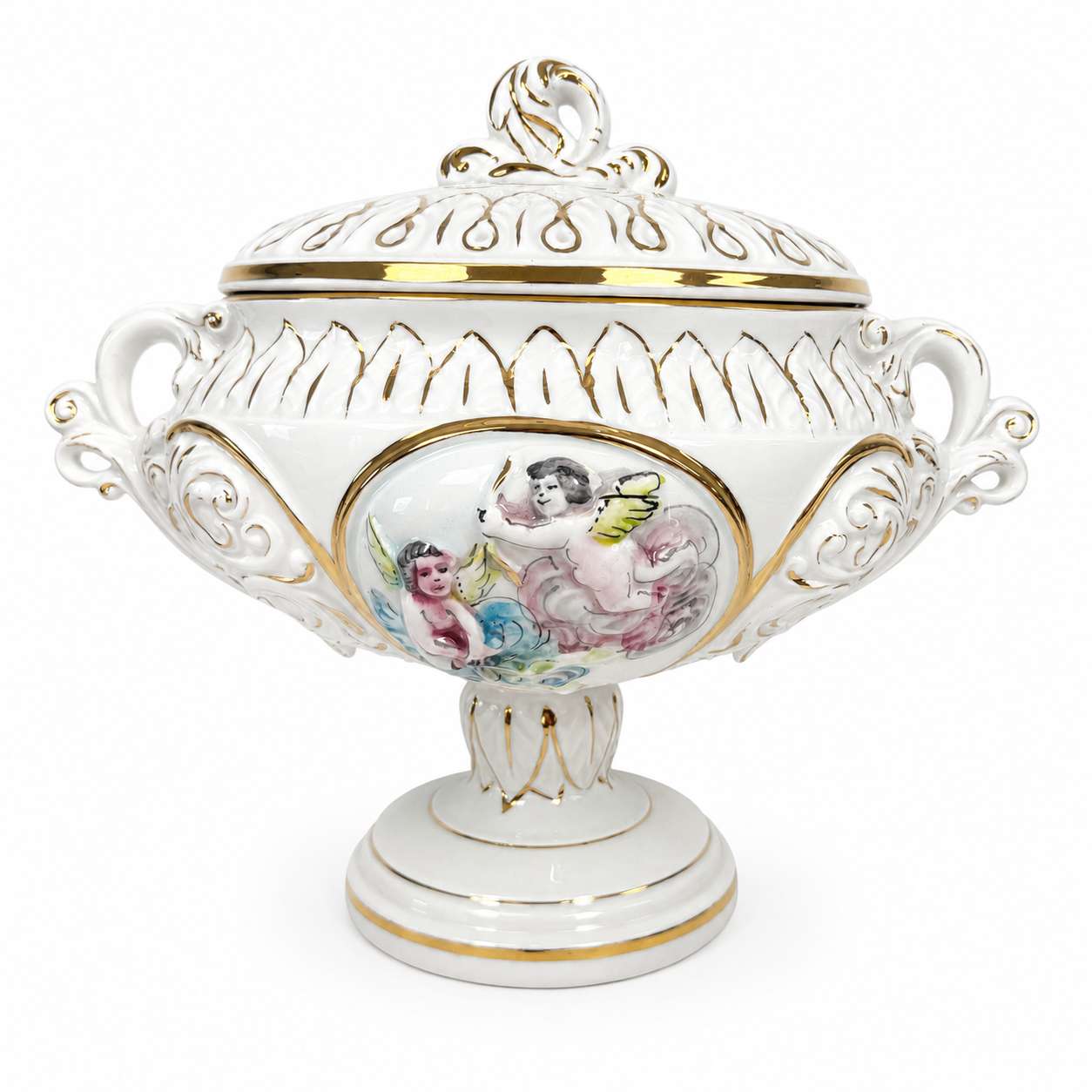 Prunkschale mit Deckel Keramus R. Capodimonte I Große Porzellan Terrine Handbemalt Gold I Italien um 1960 Keramos