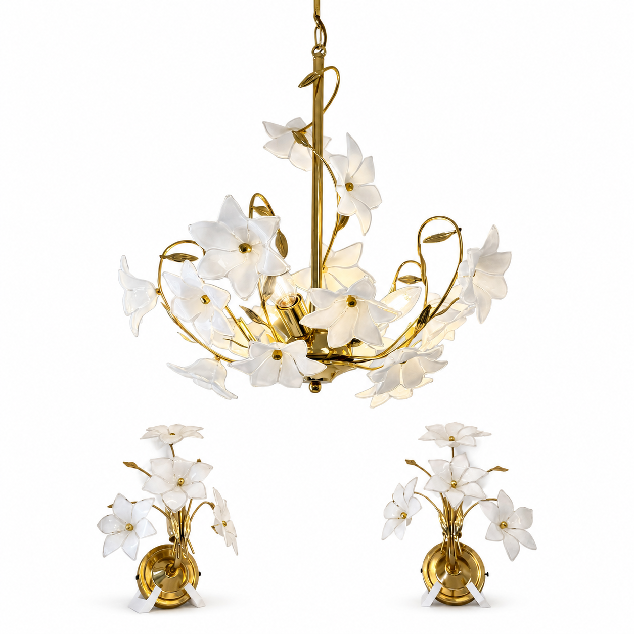 3tlg. Paolo Venini Murano Glas Florentiner Set I 3-flammiger Kronleuchter & 2 Wandlampen 1970er I Italienisches Design Chrom I Rarität Showroom Ansbach