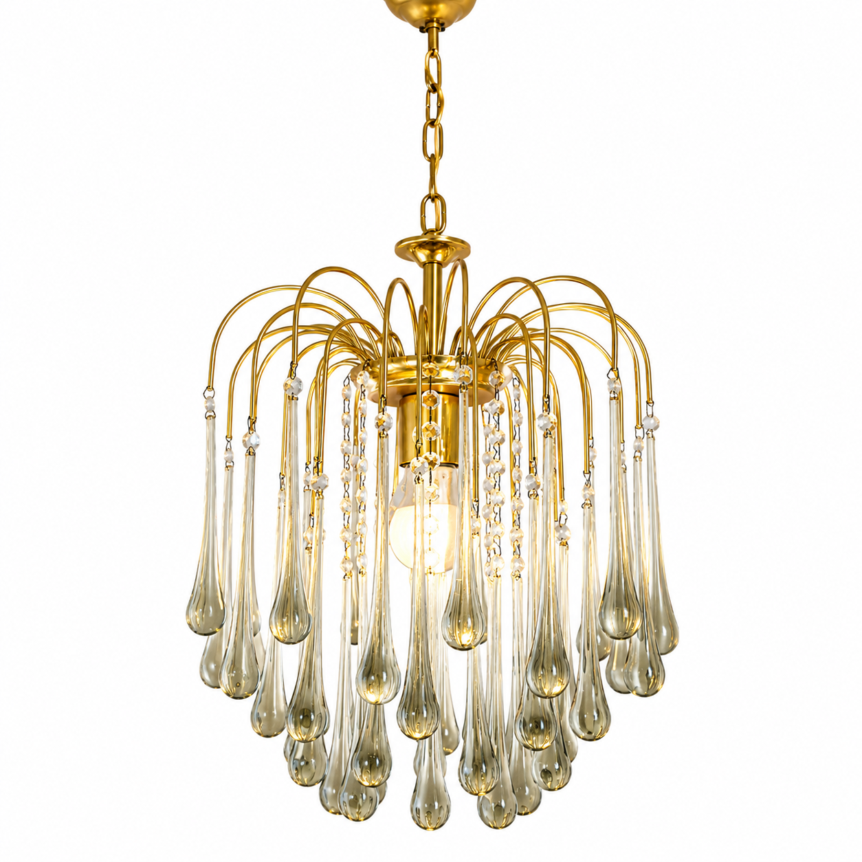Kult Vistosi Murano XL Tropfenleuchte 1970er I 14 Karat Echtgold vergoldet I Rauchglas Grün-Grau Kaskaden-Kronleuchter 75 cm Murano
