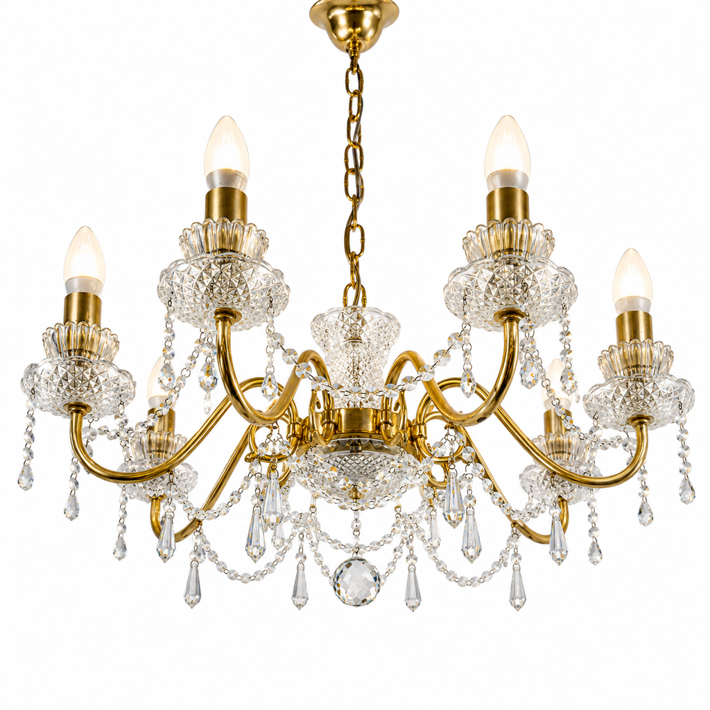 Prachtvoller 8-flammiger Kristall-Kronleuchter um 1960 I 14 Karat Echtgold-Vergoldung I Schweres Bleikristall Prunk-Chandelier 74 cm Showroom Ansbach
