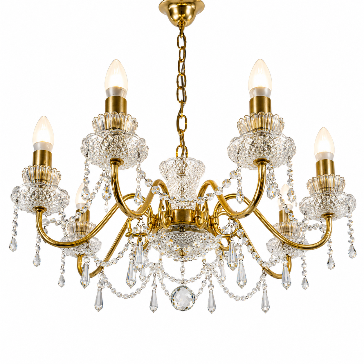 Prachtvoller 8-flammiger Kristall-Kronleuchter um 1960 I 14 Karat Echtgold-Vergoldung I Schweres Bleikristall Prunk-Chandelier 74 cm Showroom Ansbach