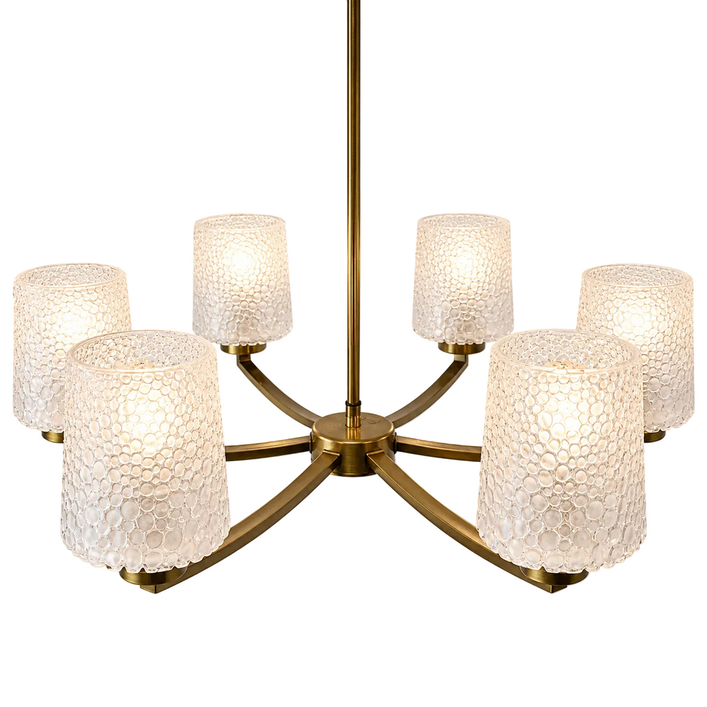 6-flammiger Mid-Century Messing Kronleuchter 1960er I Ikonische Bubble Glas Schirme I Satiniertes Noppenglas Deckenlampe 68 cm Showroom Ansbach