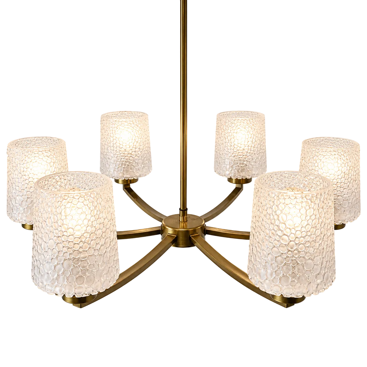 6-flammiger Mid-Century Messing Kronleuchter 1960er I Ikonische Bubble Glas Schirme I Satiniertes Noppenglas Deckenlampe 68 cm Showroom Ansbach