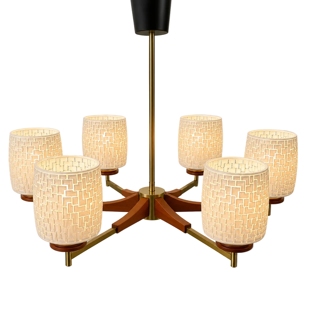 6-flammige Mid-Century Kronleuchter Teakholz & Messing I Skandinavischer Stil 1960er I Mosaik Glas-Schirme I Vintage 70 cm Showroom Ansbach