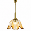 Große Murano Glas Pendelleuchte 70er I AV Mazzega Stil I Blüten-Hängelampe Bernstein Orange Messing I Vintage 34,5 cm Murano