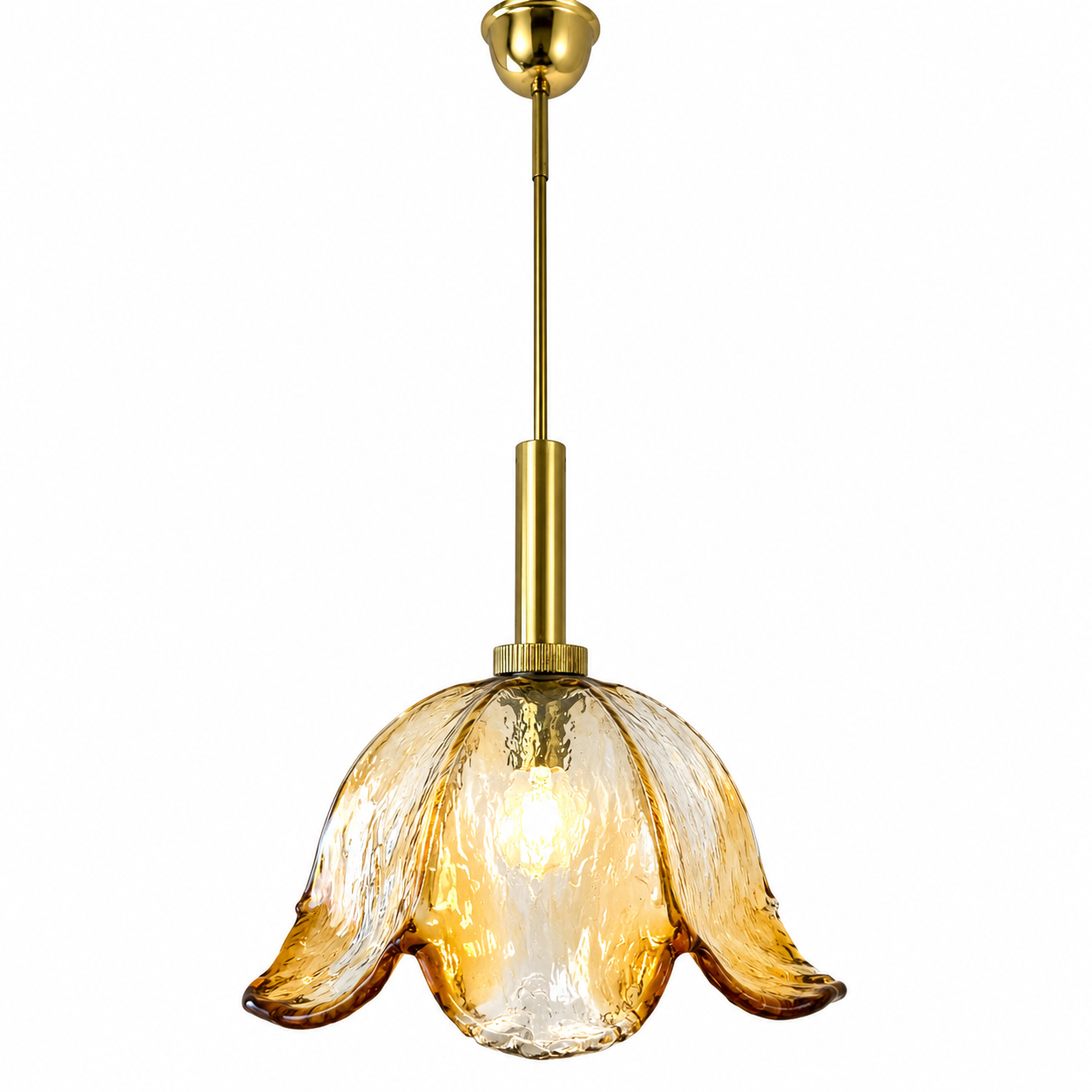 Große Murano Glas Pendelleuchte 70er I AV Mazzega Stil I Blüten-Hängelampe Bernstein Orange Messing I Vintage 34,5 cm Murano