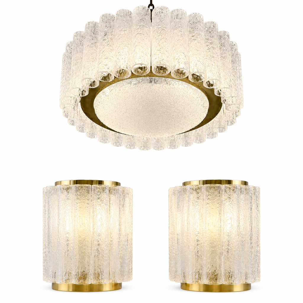 3tlg. Doria Leuchten Eisglas Ensemble I Große Deckenlampe & 2 Wandlampen 1960er I Mid-Century Space Age Set I Original Etiketten Doria Leuchten