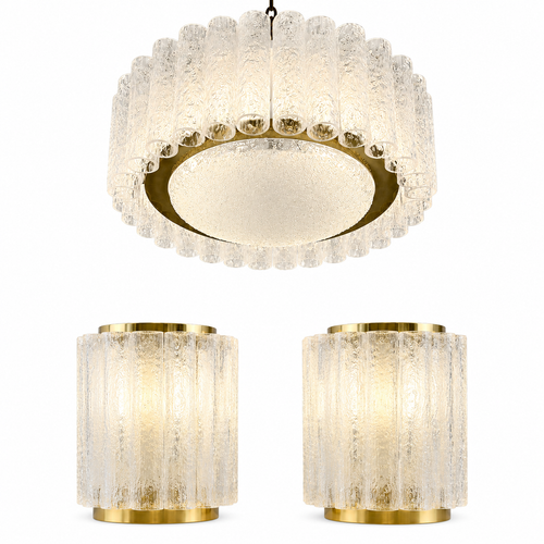 3tlg. Doria Leuchten Eisglas Ensemble I Große Deckenlampe & 2 Wandlampen 1960er I Mid-Century Space Age Set I Original Etiketten Doria Leuchten