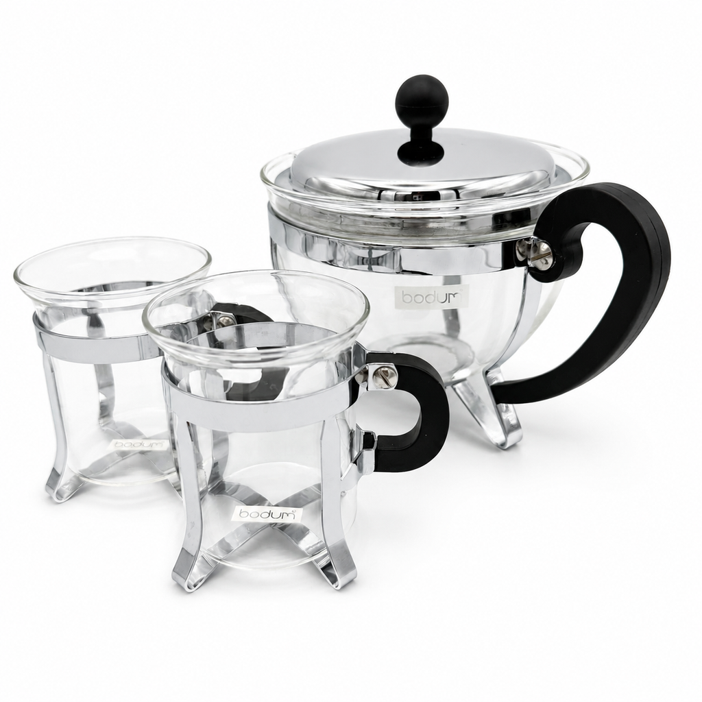 Vintage Bodum Teekanne mit 2 Tassen I Glas & Chrom – Mid Century Design I 3-teiliges Set Bodum