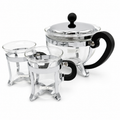 Vintage Bodum Teekanne mit 2 Tassen I Glas & Chrom – Mid Century Design I 3-teiliges Set Bodum
