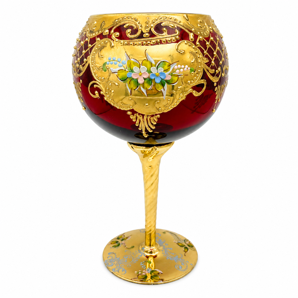Großer Böhmischer Prunkpokal 23cm Rubinrot Goldstaffage Emaille Römer Showroom Ansbach