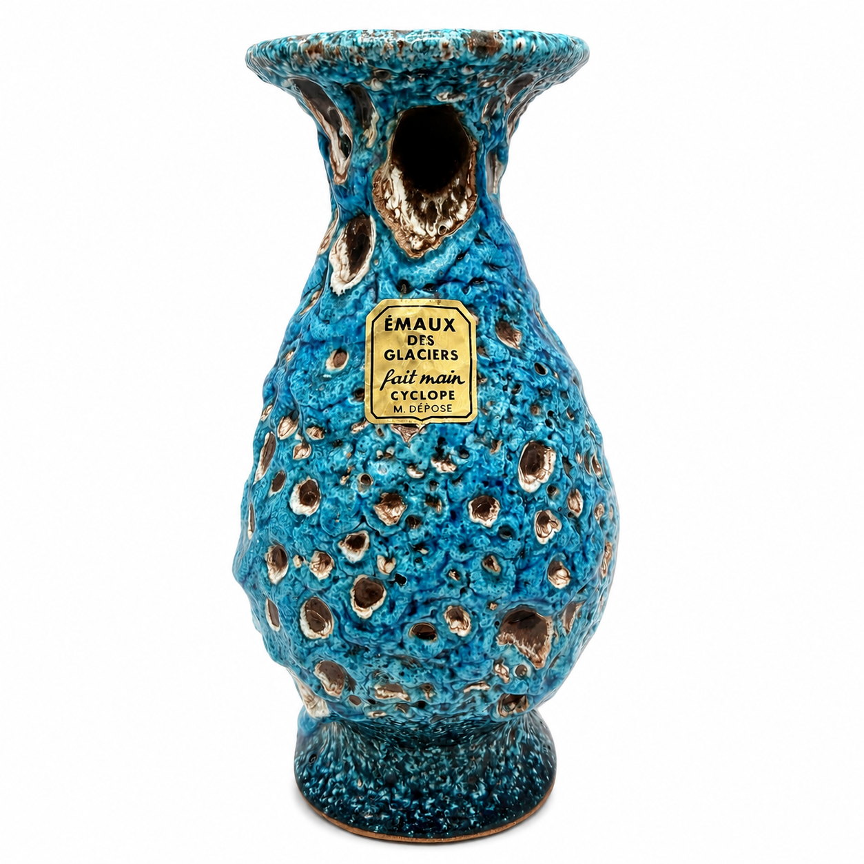 Brutalistische Fat Lava Keramik Vase von Charles Cart I Vallauris Frankreich 1960er I Blau Türkis Volkanique I Mit Original Etikett 18,8 cm Charles Cart