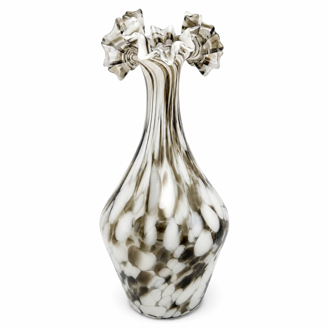 Große Murano Stil Opalglas Vase I Gekämmter Faden-Dekor Braun Weiß I Geraffter Rüschenrand Vintage 1970er I 33,5 cm Showroom Ansbach