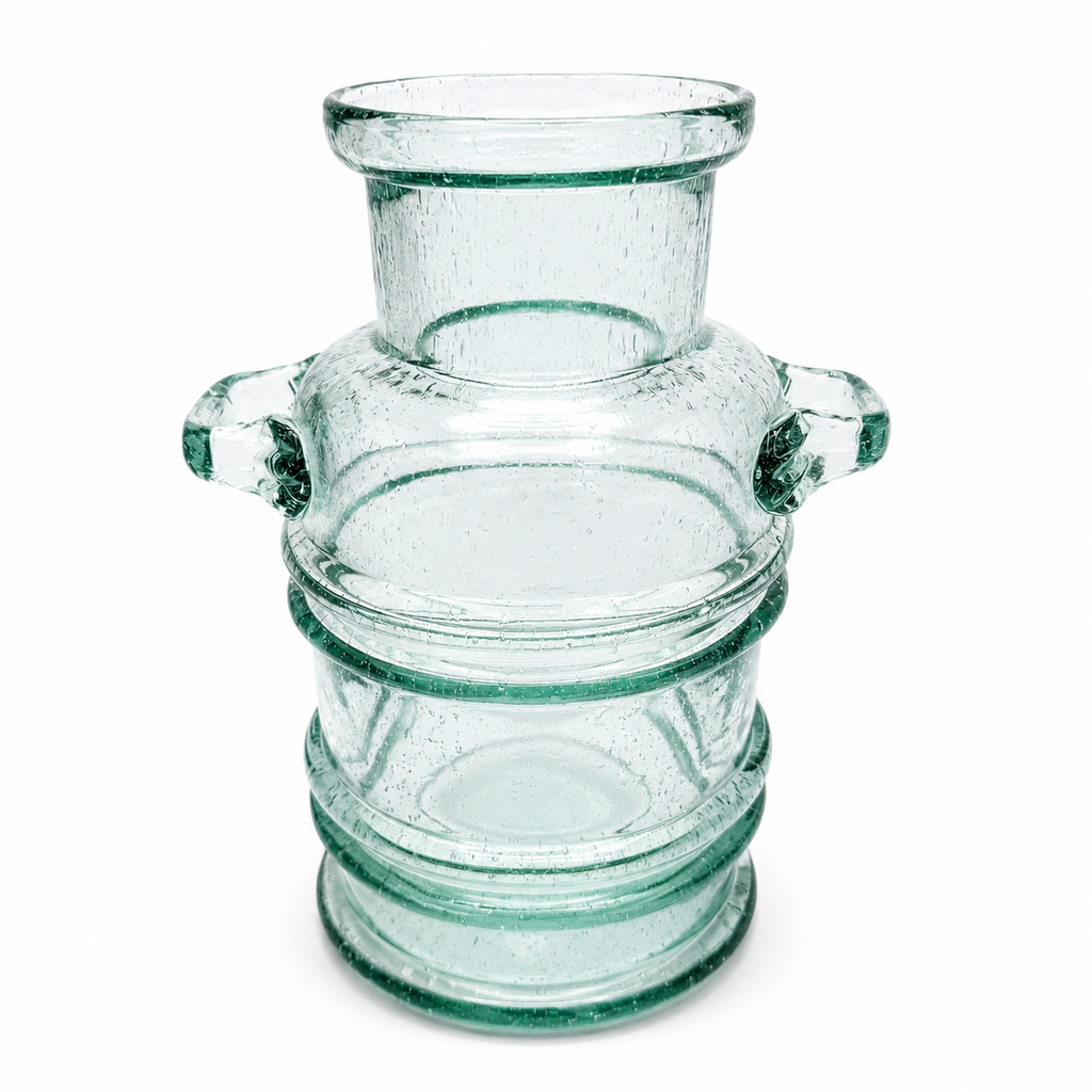 Schwere Vintage Glasvase mit 2 Henkeln I Mundgeblasen I Amphorenform Mid-Century Kunstglas I Makellos 21 cm Showroom Ansbach
