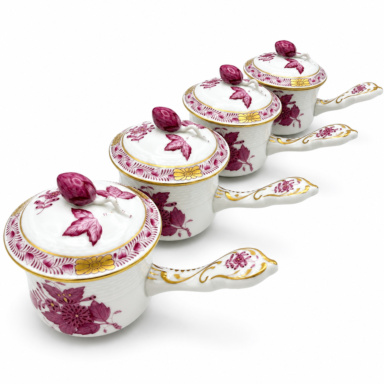 4er Set Herend Schokoladentassen mit Deckel I Apponyi Purpur I Handgemalt Rosenknauf Goldstaffage I Seltene Crème-Töpfen Herend