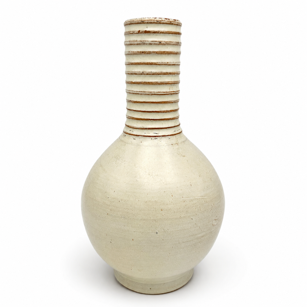 Jürgel Keramik Elstra Studio-Vase I Rillenhals Creme Braun I DDR Kunsthandwerk 1970er I Boho Vintage 19,3 cm Jürgel Keramik