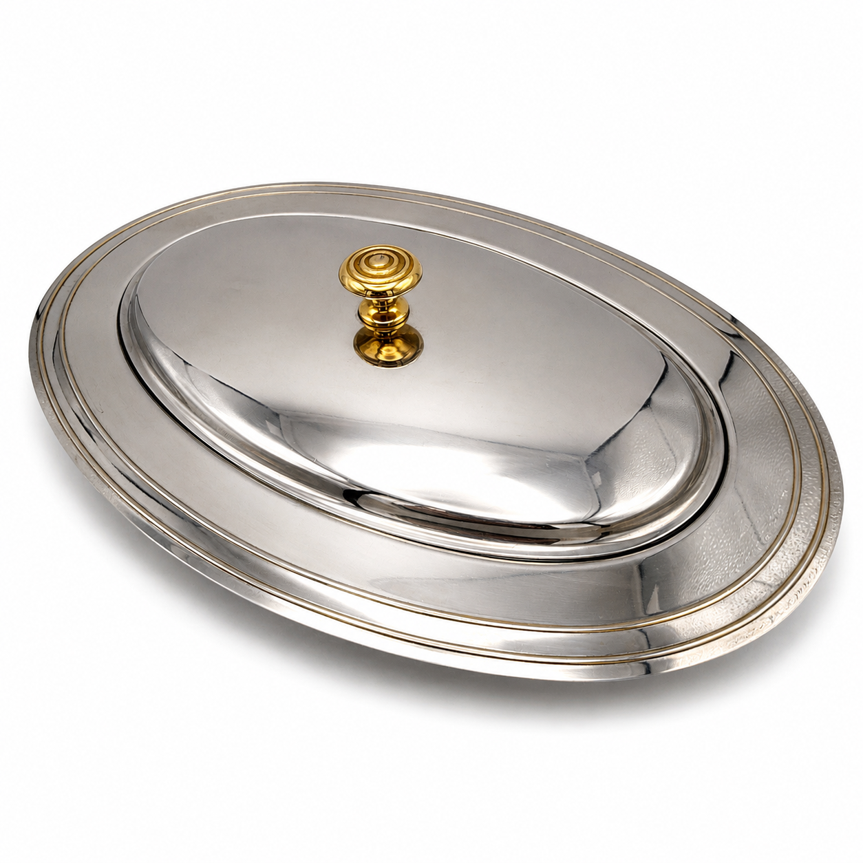 WMF Vintage Legumiere Oval I Cromargan & Messingknauf I Servierschale mit Deckel 1980er I Entree-Schale 34,5 cm WMF