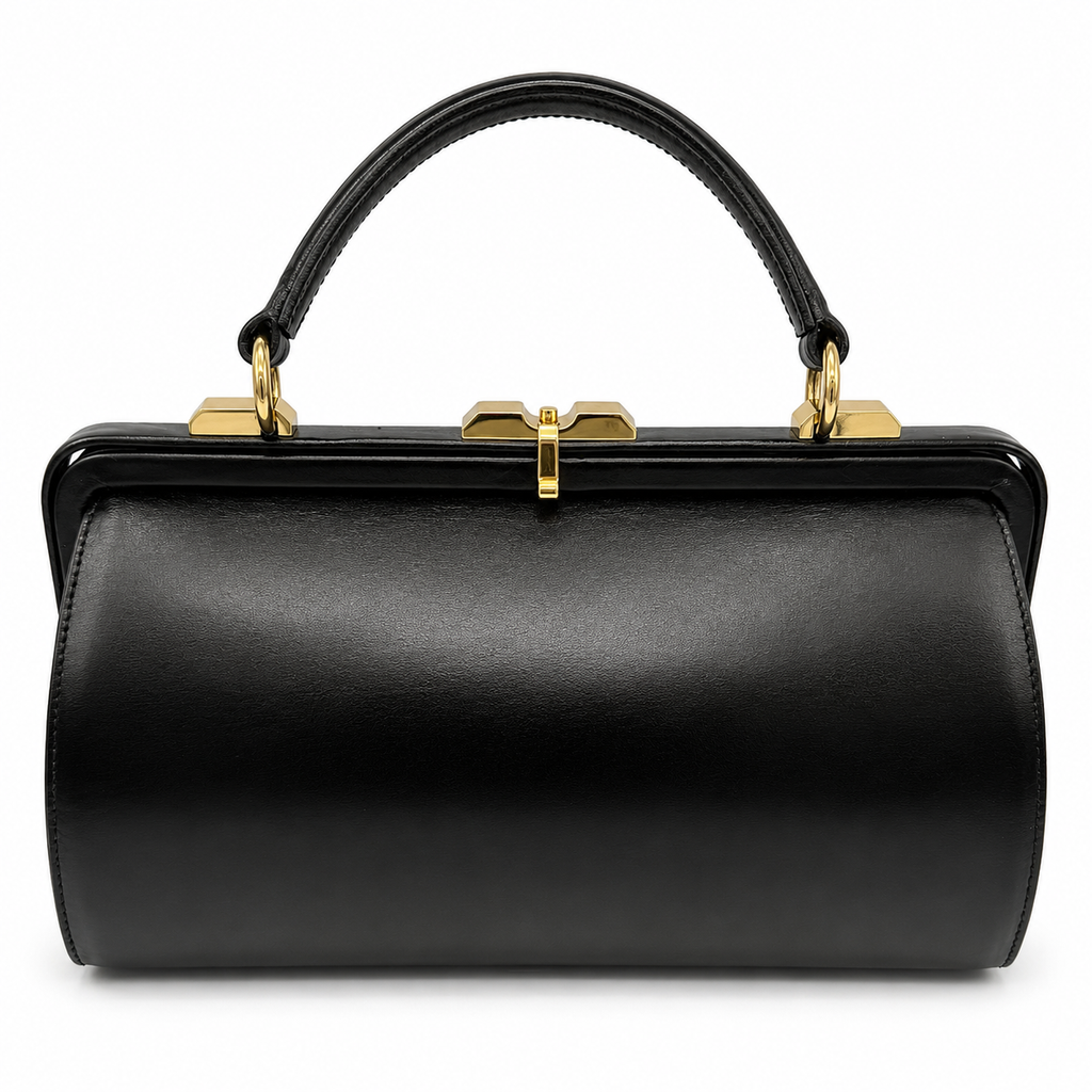 Goldpfeil Vintage Lederhandtasche I Black Boxcalf I Gold-Hardware I Mid-Century um 1960 I Mit Spiegel I 33 cm Gold Pfeil
