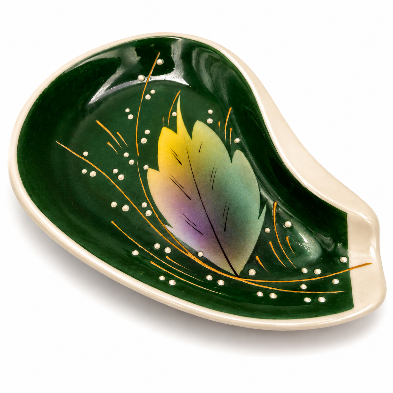 Kister Scheibe-Alsbach Prunkschälchen I Art Déco um 1930 I Erhabene Perlmalerei I Blattform Weiß Gold I 12,8 cm A. W. Fr. Kister