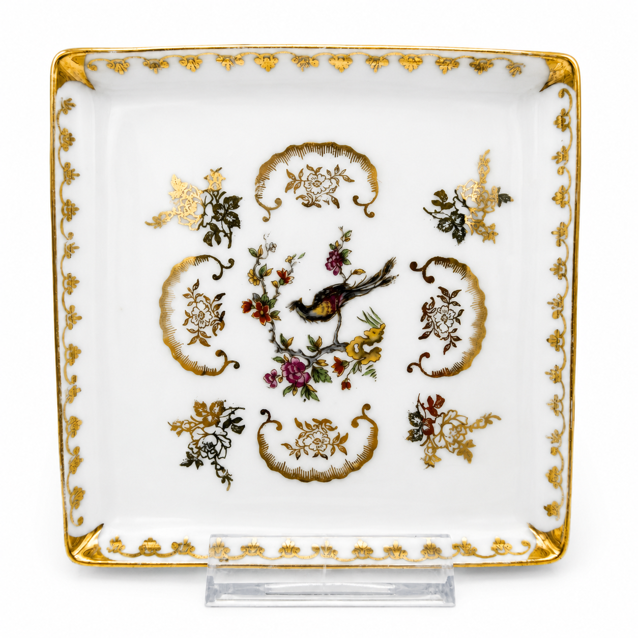 Antiker Limoges Teller I Quadratisch I Vögel Handbemalt I Chavagnac I Um 1900 Limoges