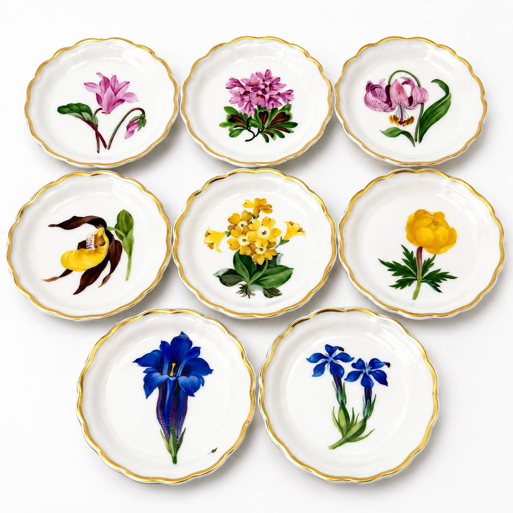 8x Älteste Volkstedt Konfekttellerchen Streublumen Relief Goldrand Schälchen Volkstedter