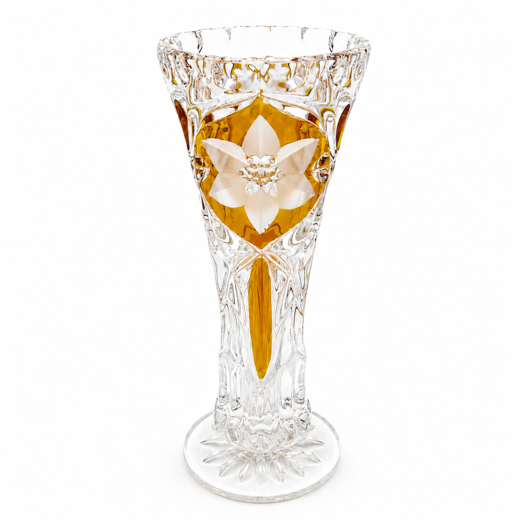 Vintage Kristall Vase Böhmen Bernstein Überfang Keilschliff Blume Medaillon edel Showroom Ansbach