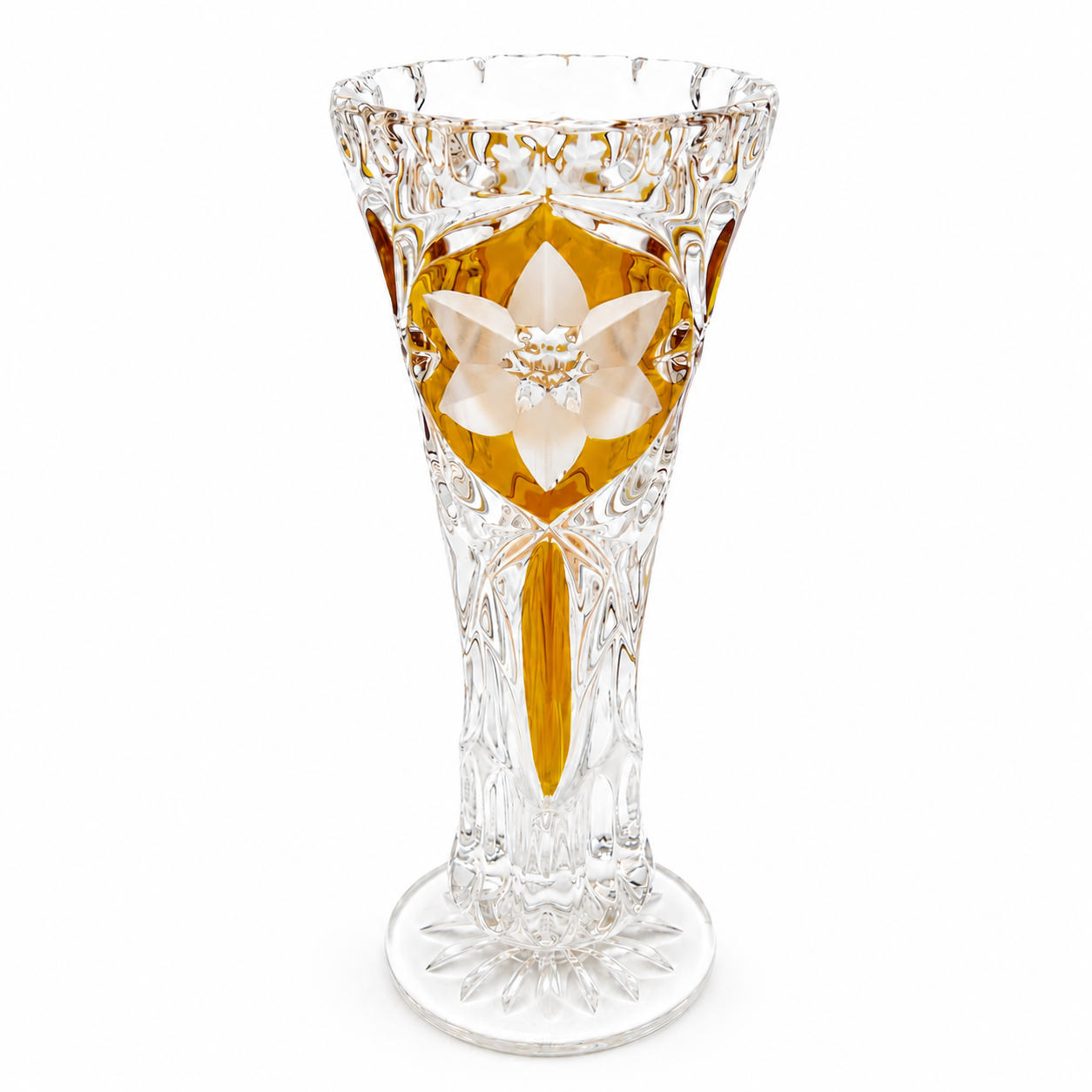 Vintage Kristall Vase Böhmen Bernstein Überfang Keilschliff Blume Medaillon edel Showroom Ansbach