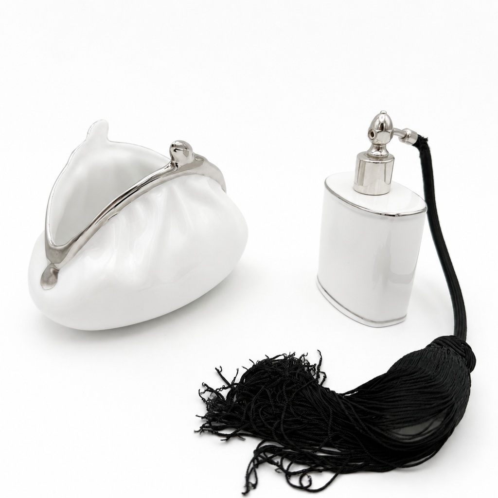 Edles Porzellan Set Inge Kuba decordesign Wiesau Platin 22k Parfümflakon & Tasche Inge Kuba
