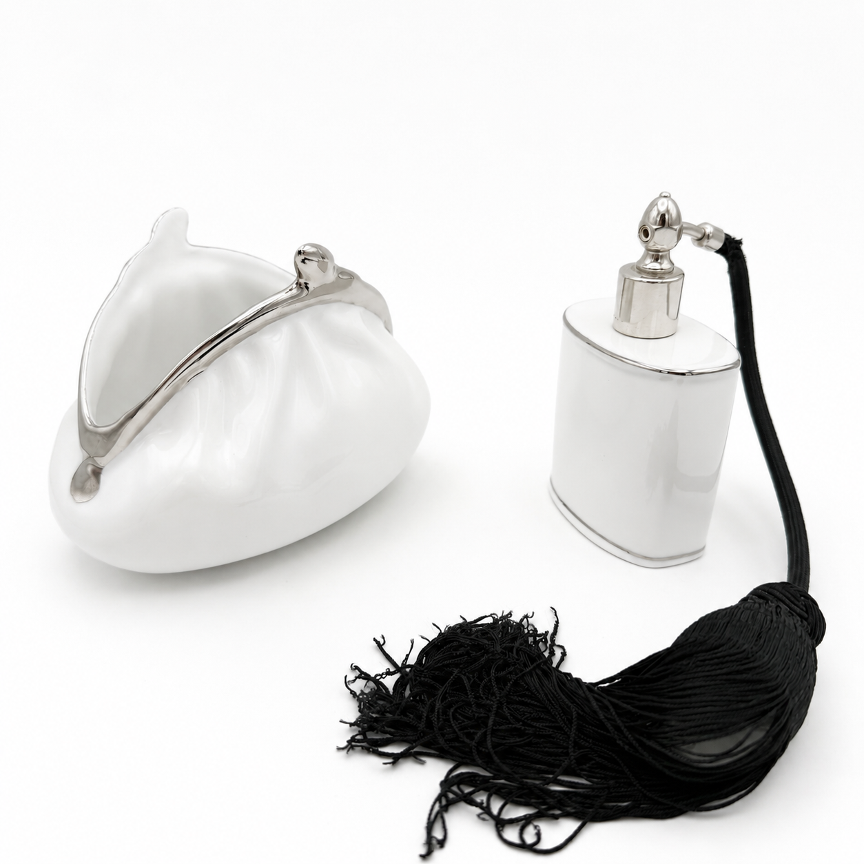 Edles Porzellan Set Inge Kuba decordesign Wiesau Platin 22k Parfümflakon & Tasche Inge Kuba