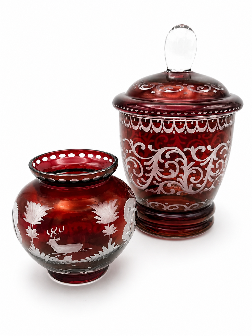 Böhmisches Egermann Glas | Deckelvase & kleine Vase | Rubinrot | Jagdmotiv Egermann
