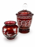 Böhmisches Egermann Glas | Deckelvase & kleine Vase | Rubinrot | Jagdmotiv Egermann
