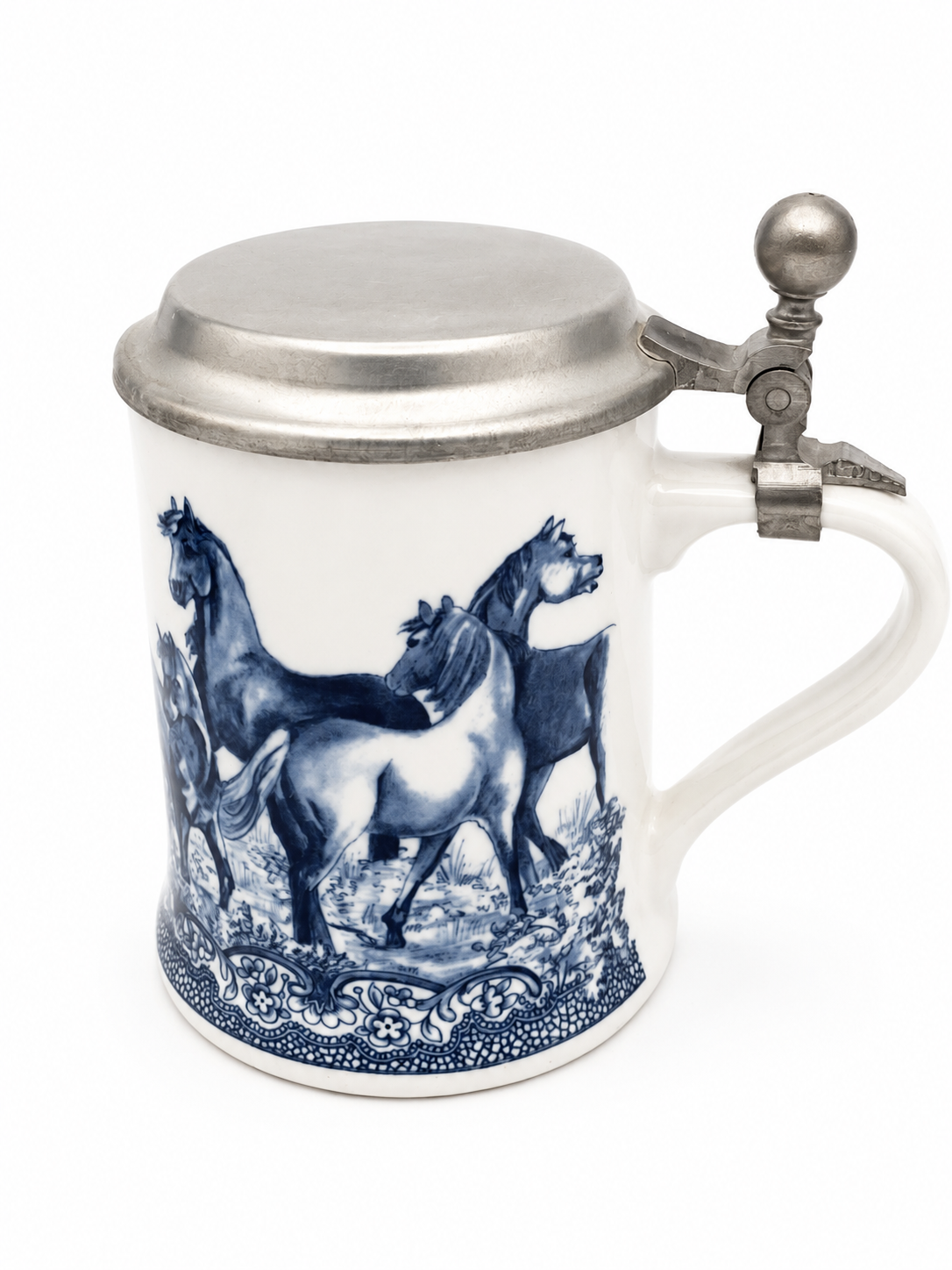 Zierkrug Pferde Motiv | Alt Kobalt Edition | Dr. Merkle Atelier | Zinndeckel Echt Kobalt