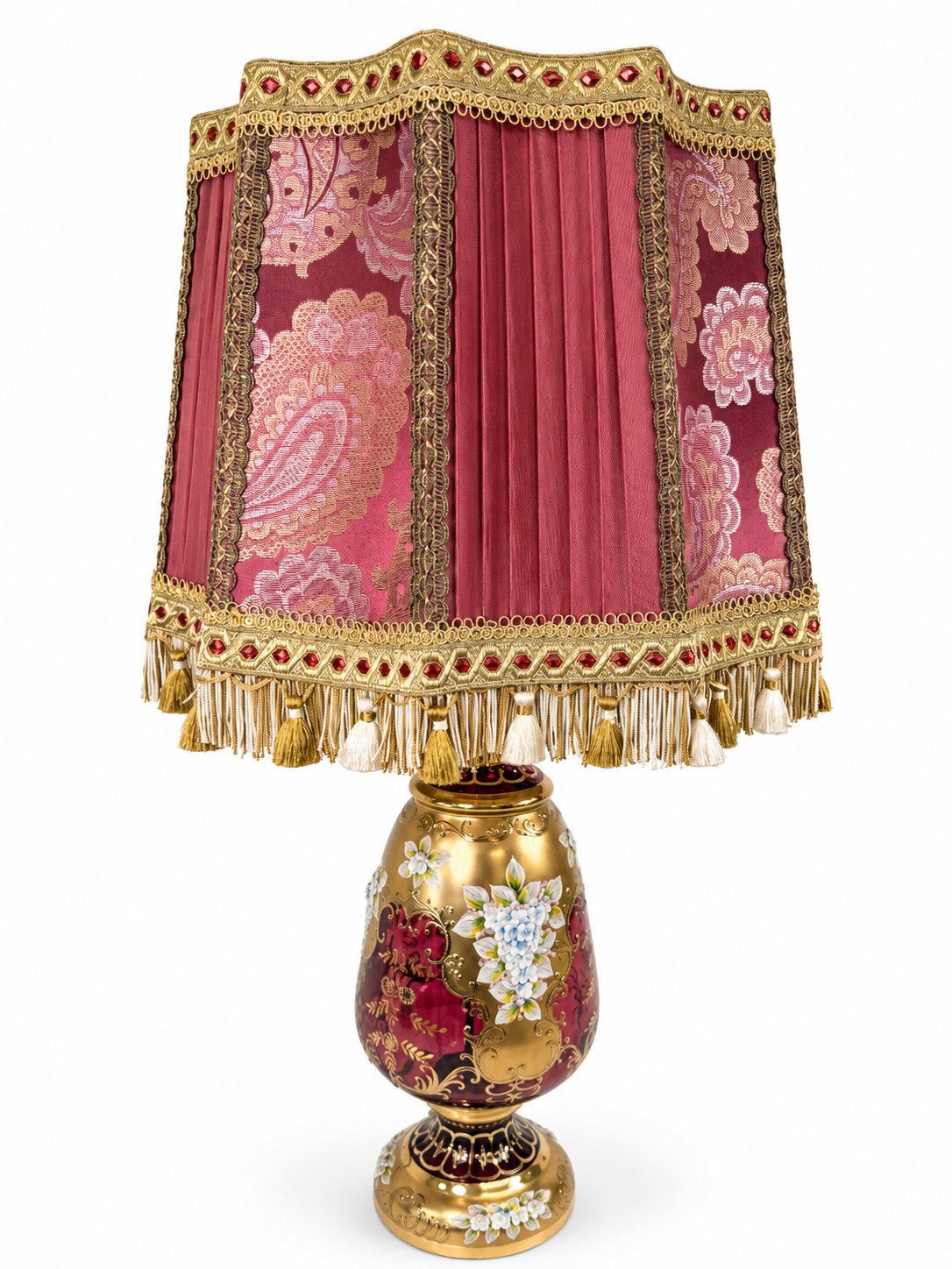 Große Prunk-Tischlampe 69cm - Rubinglas - Emaille Reliefblumen - Gold - Vintage Markenlos